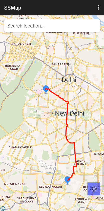 A route drawn between two points with the Android Map SDK